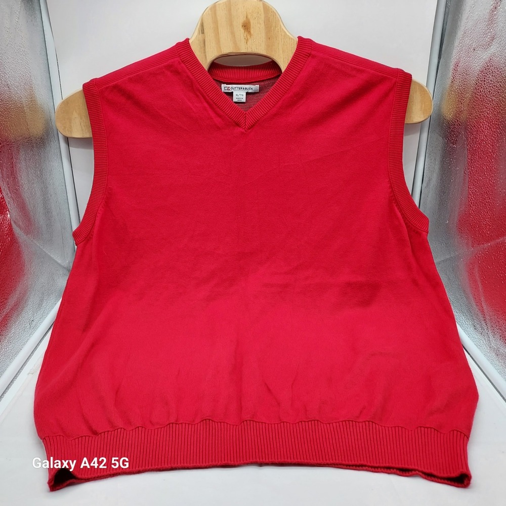 Cutter & Buck Mens Red V-Neck Sweater Vest 100% Cotton XL MCS01422